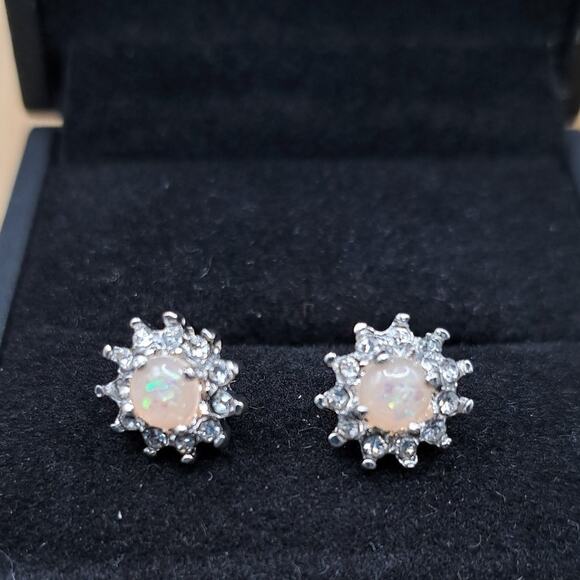 Silver Round Cut Pink Simulated Opal Stud Earrings - Picture 1 of 2
